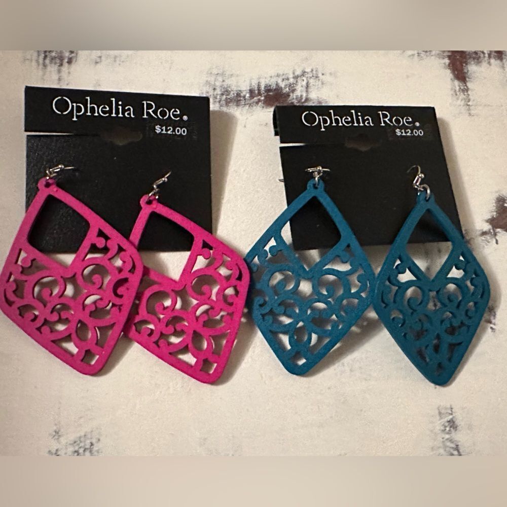 Ophelia Roe large wooden dangle earrings pink blue